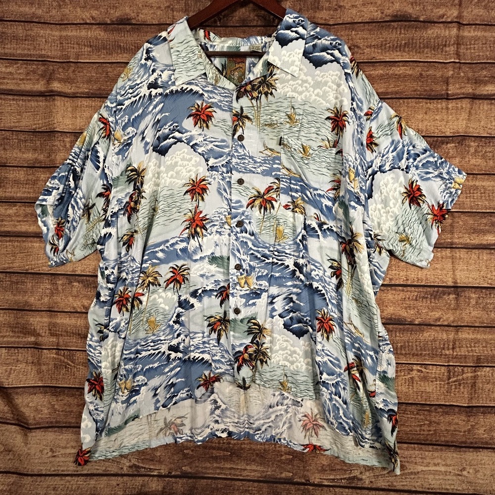 Pineapple Connection Mens 4XB‎ Hawaiian Shirt Blue Wave Palm Tree Rayon Aloha